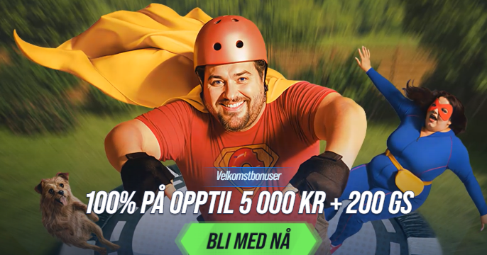 Velkomstbanner for Vegas Hero Casino i Norge – 100% opptil 5 000 KR + 200 GS